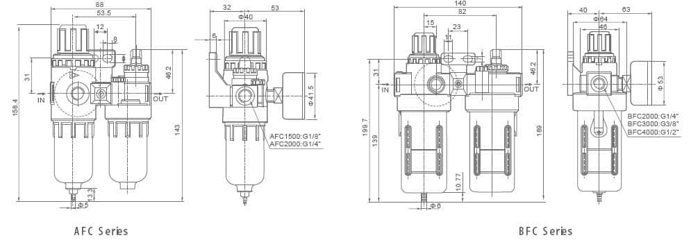 AFC & BFC Series 2-Element Pneumatic Air Preparation Units dimension reference drawing