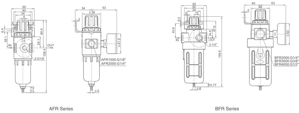 AFR & BFR Series Pneumatic Filter Regulator Units dimension reference drawing