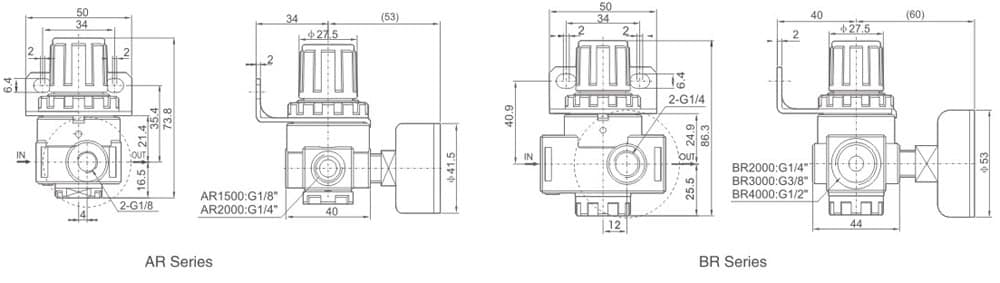 AR and BR series pneumatic pressure regulator dimension drawing