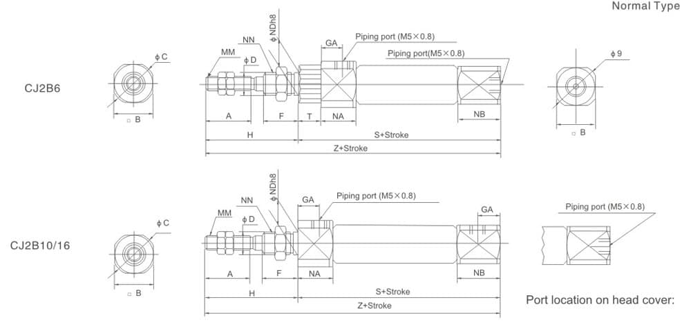 CJ2B normal type mini pneumatic cylinder dimension drawing