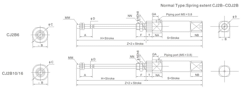 CJ2B spring extend mini pneumatic cylinder dimension drawing