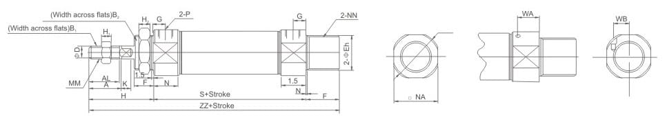 CM2 mini pneumatic cylinder overall dimension drawing