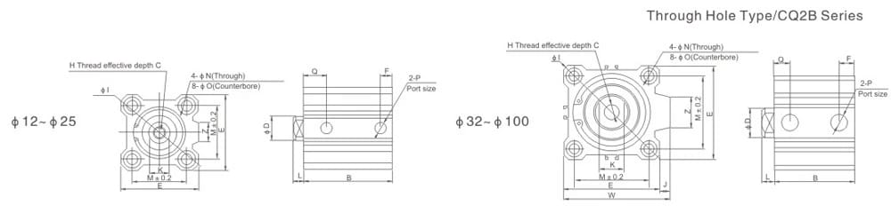 CQ2 compact cylinder double-acting mounting dimension drawing