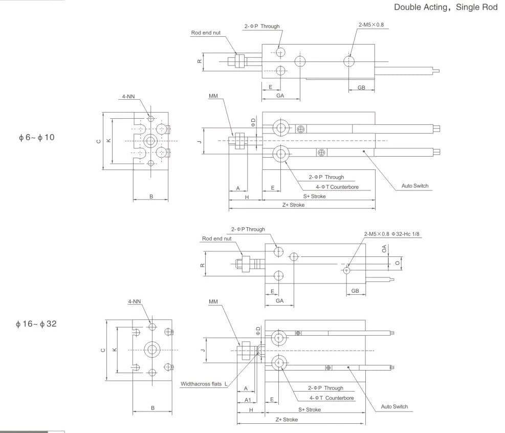 CU double-acting free mount cylinder dimension drawing