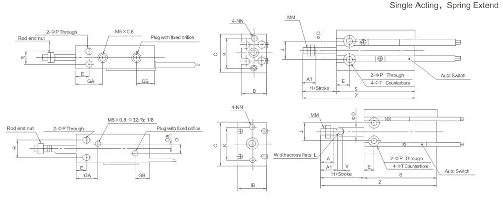 CU single-acting extension free mount cylinder dimension drawing