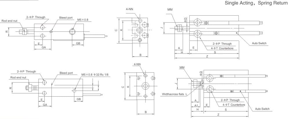 CU single-acting retraction free mount cylinder dimension drawing