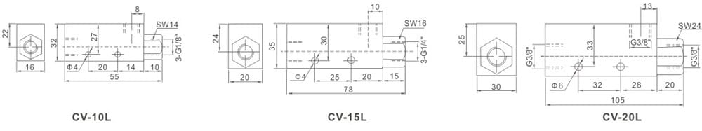 CV Series Pneumatic Vacuum Control Valve (Solenoid Operated) dimension reference drawing
