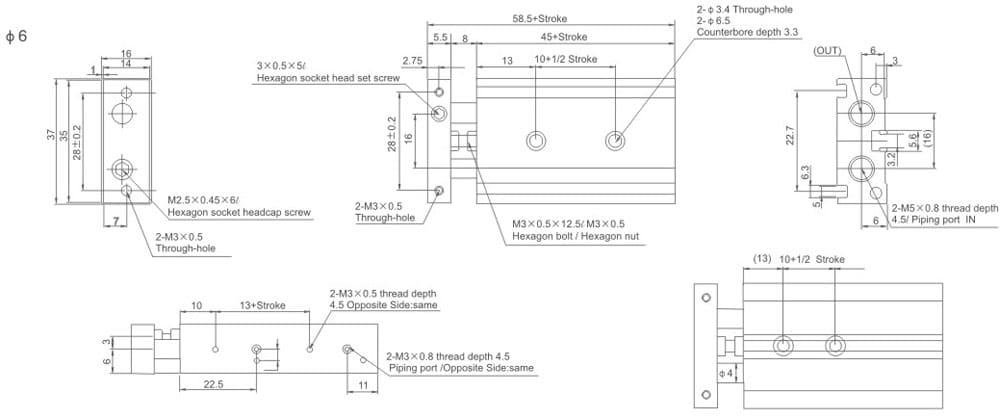 CXS Series Dual Rod Guided Pneumatic Cylinder dimension reference drawing 1