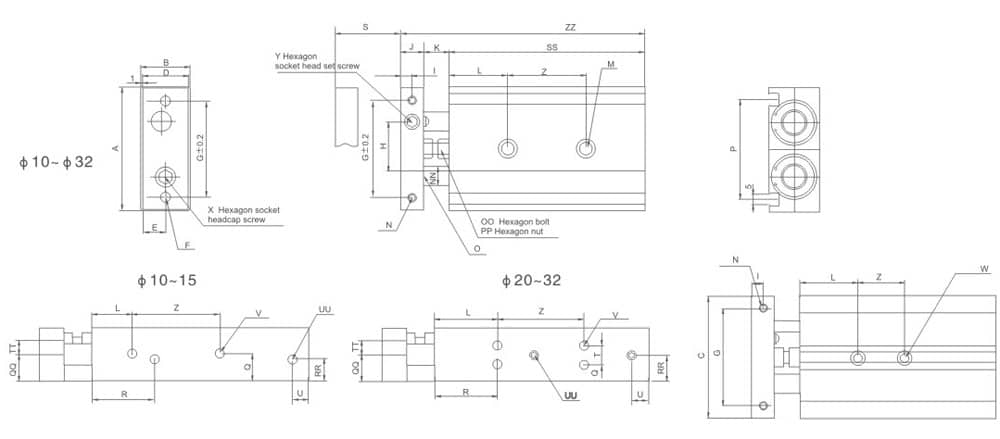 CXS Series Dual Rod Guided Pneumatic Cylinder dimension reference drawing 2