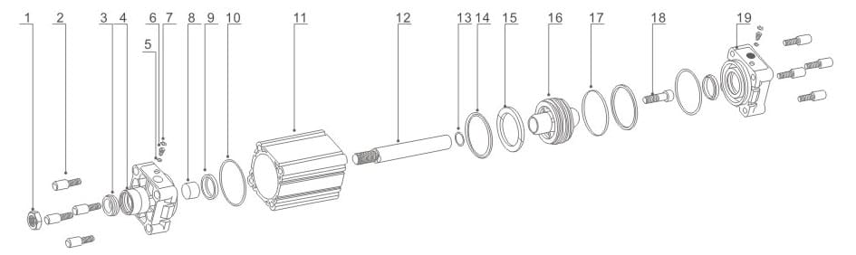 DNC ISO 15552 / ISO 6431 Pneumatic Cylinder Repair Kits numbered parts and material reference drawing