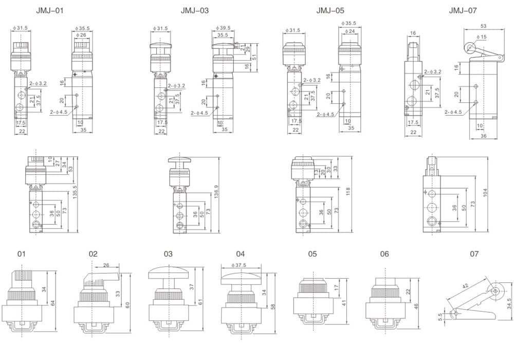 JMJ Series Mechanical Pneumatic Valves (Knob, Button, Roller Actuated) dimension reference drawing