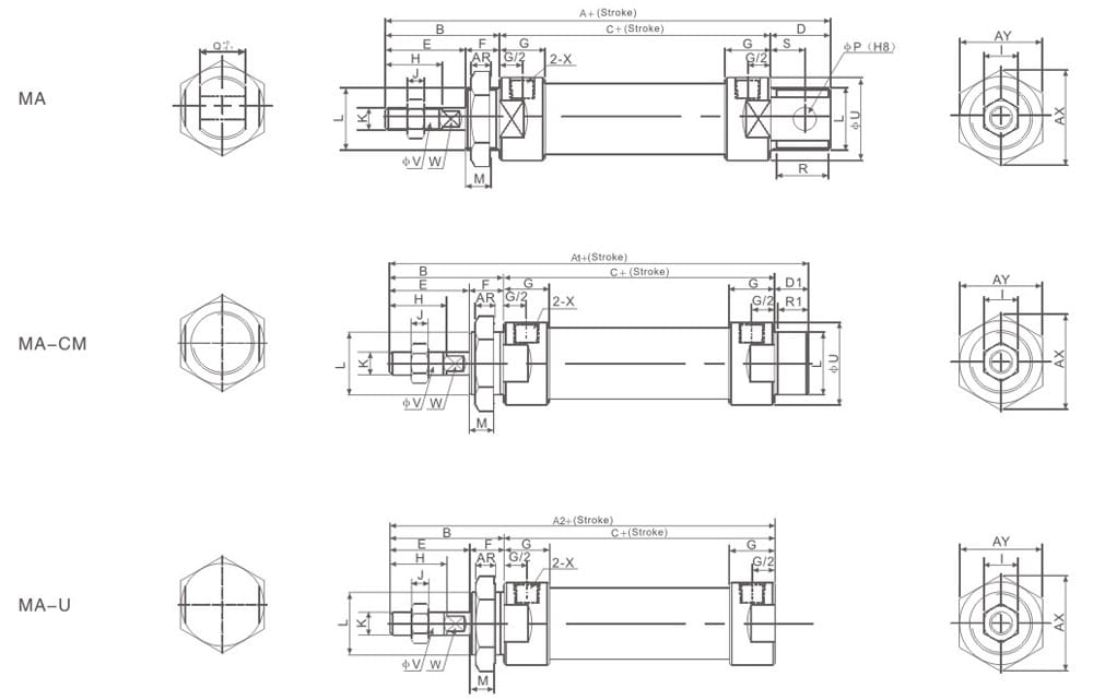 MA MA-CM MA-U mini pneumatic cylinder dimension drawing