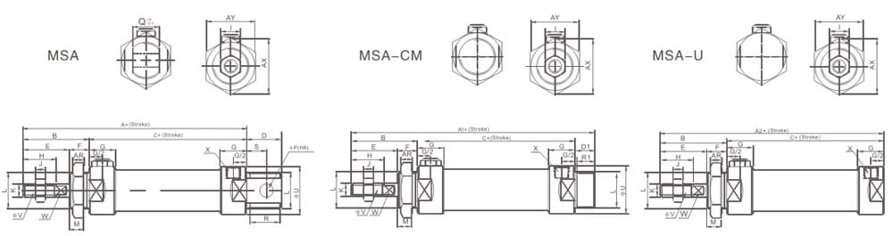 MSA MSA-CM MSA-U mini pneumatic cylinder dimension drawing