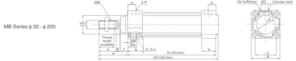MB Series ISO15552 Tie-Rod Pneumatic Cylinder overall dimension drawing and dimension sheet