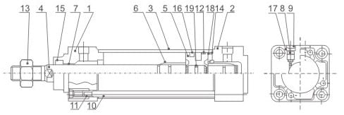 MB Series ISO15552 Tie-Rod Pneumatic Cylinder numbered internal structure reference drawing