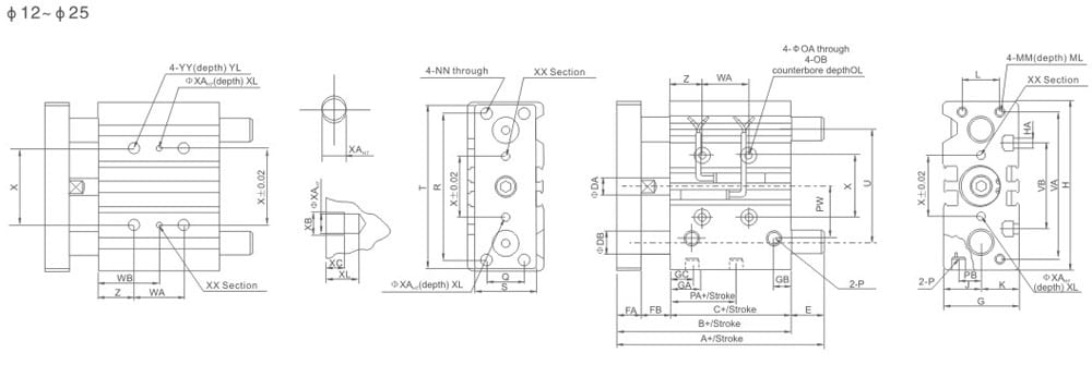 MGP Series Three-Rod Guided Pneumatic Cylinder bore 12-25 mounting dimension drawing