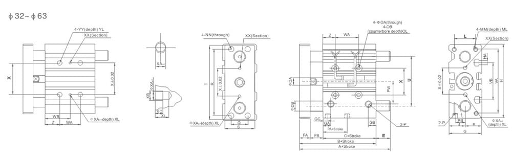 MGP Series Three-Rod Guided Pneumatic Cylinder bore 32-63 mounting dimension drawing