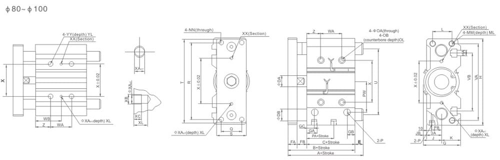 MGP Series Three-Rod Guided Pneumatic Cylinder bore 80-100 mounting dimension drawing