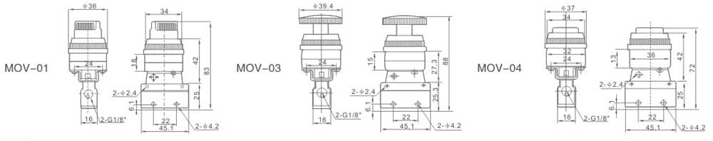 MOV Series Pneumatic Mechanical Control Valve dimension reference drawing