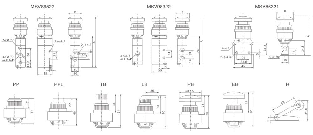 MSV mechanical valve operator mounting dimension drawing