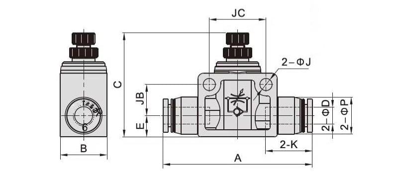 PA Series Pneumatic Inline Throttle Valve (Flow Control) dimension reference drawing