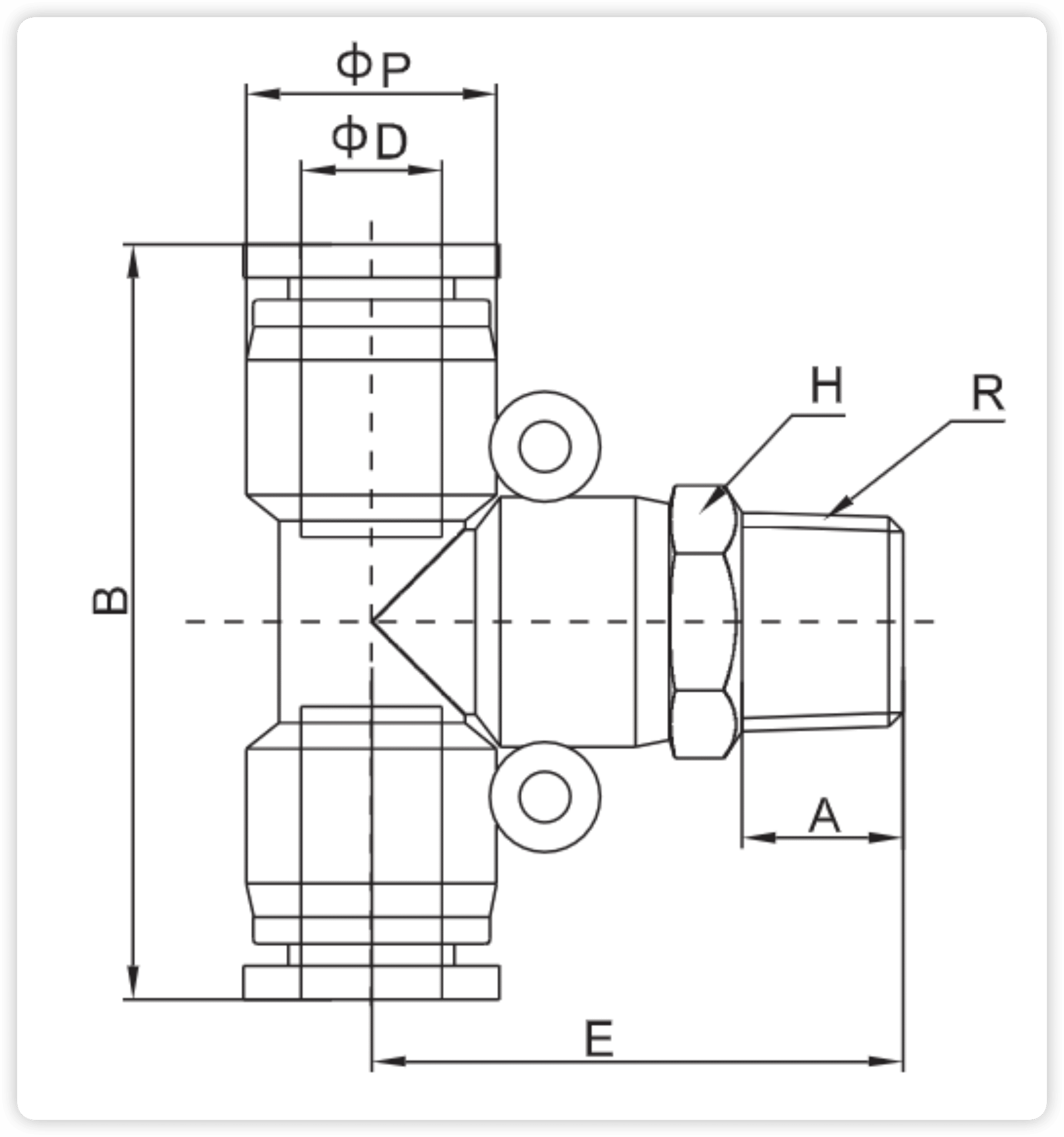 PB Series Pneumatic Push-in Tee Fittings (One-Touch Connectors) dimension reference drawing