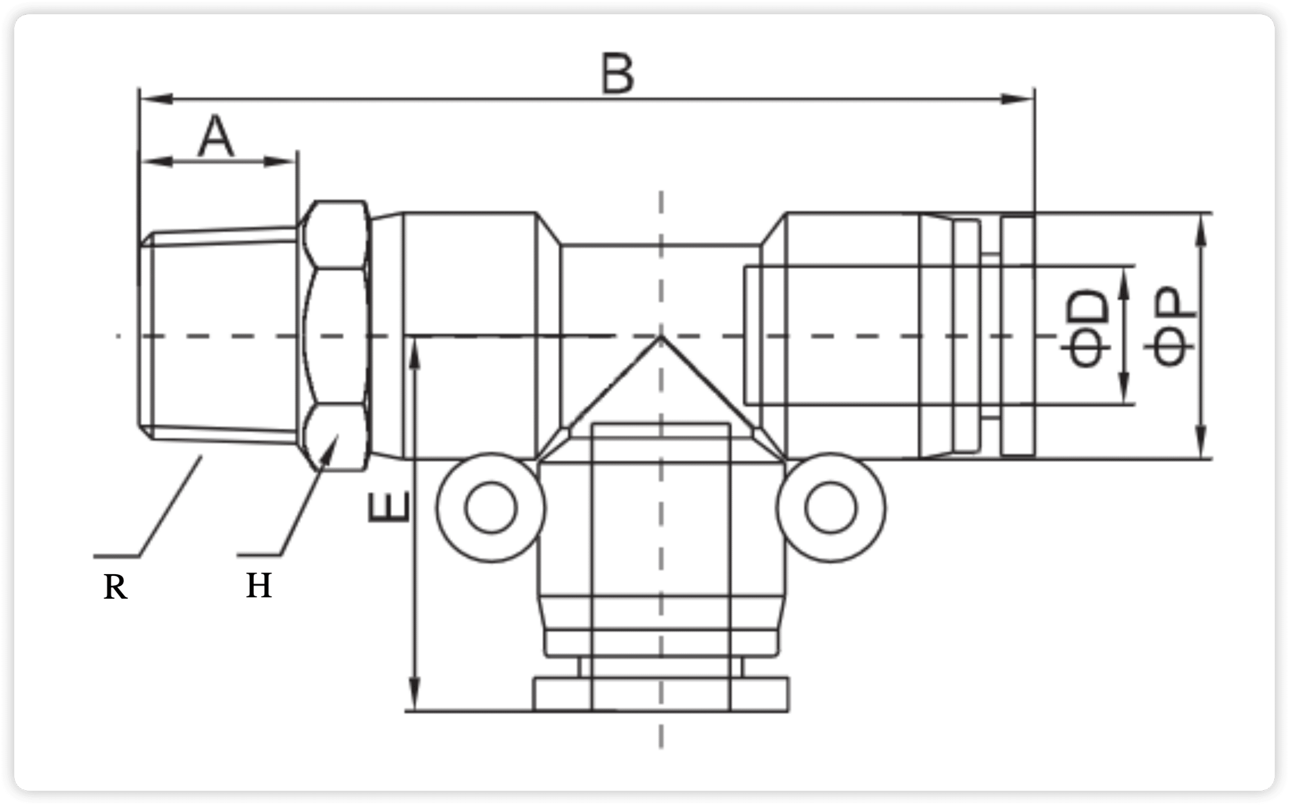 PD Series Pneumatic Male Run Tee | Push-in Fittings dimension reference drawing