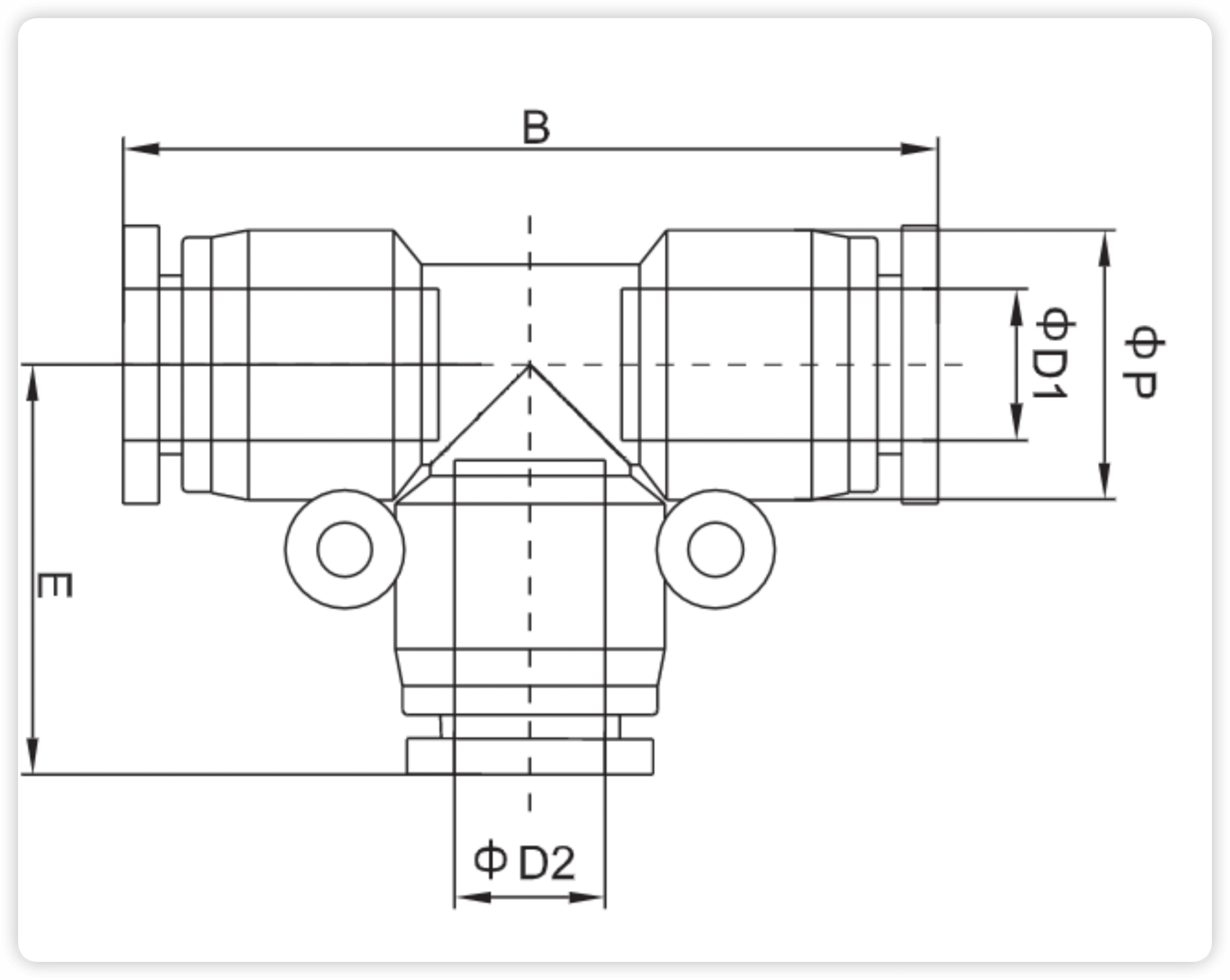 PEG Series Pneumatic Reducing Union Tee | Push-in Fittings dimension reference drawing