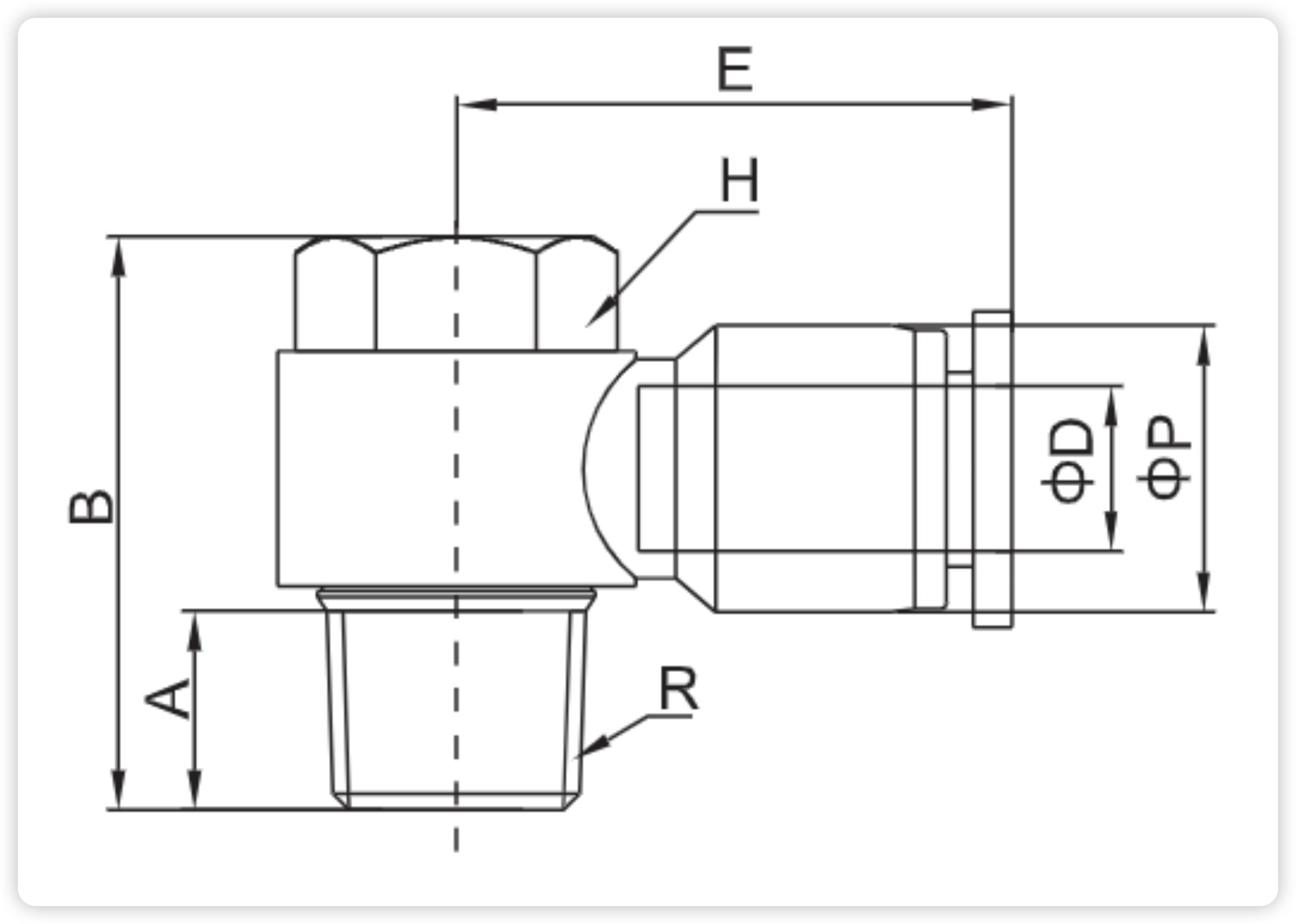 PH Series Pneumatic Male Elbow Push-in Fitting (L-Shape, Quick Connect) dimension reference drawing
