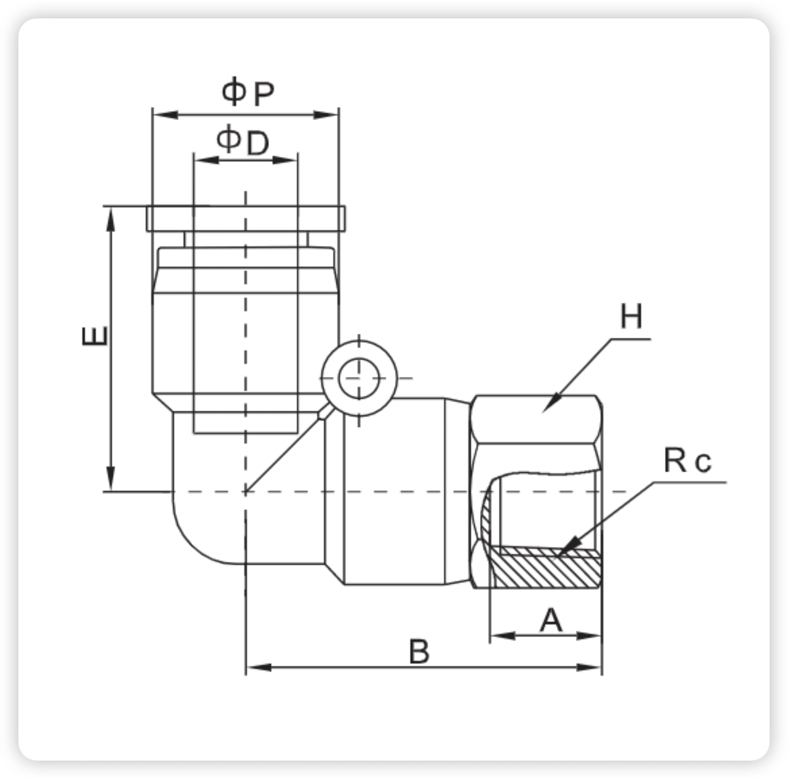 PLF Series Pneumatic Female Elbow | Push-in Fittings dimension reference drawing