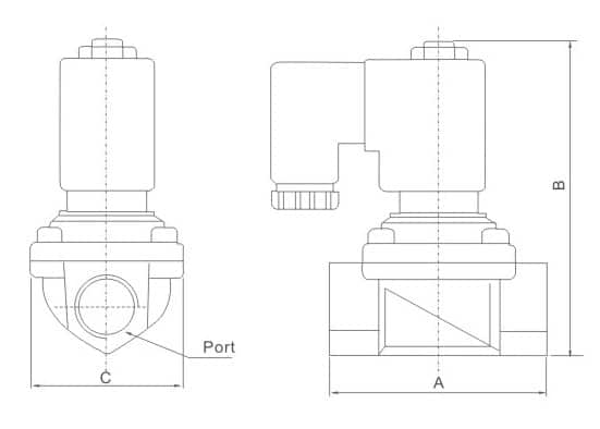 PU220 mounting dimension reference drawing for PU220 Series Direct Acting 2/2 Way Solenoid Valve (Air, Water, Oil)