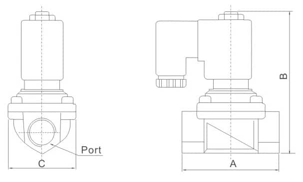 PU225 mounting dimension reference drawing for PU225 Series High temperature Steam Solenoid Valve (PTFE Seal)