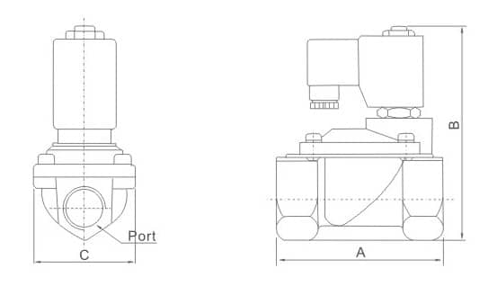 PU225 mounting dimension reference drawing for PU225 Series Pilot Operated 2/2 Way Solenoid Valve (Guide Type)