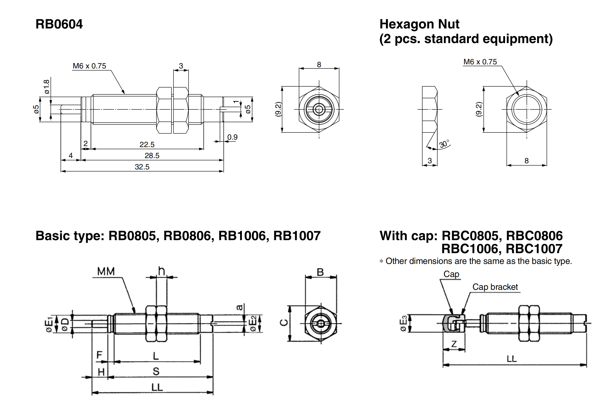 RB Series self-adjusting shock absorber mounting dimension reference drawing