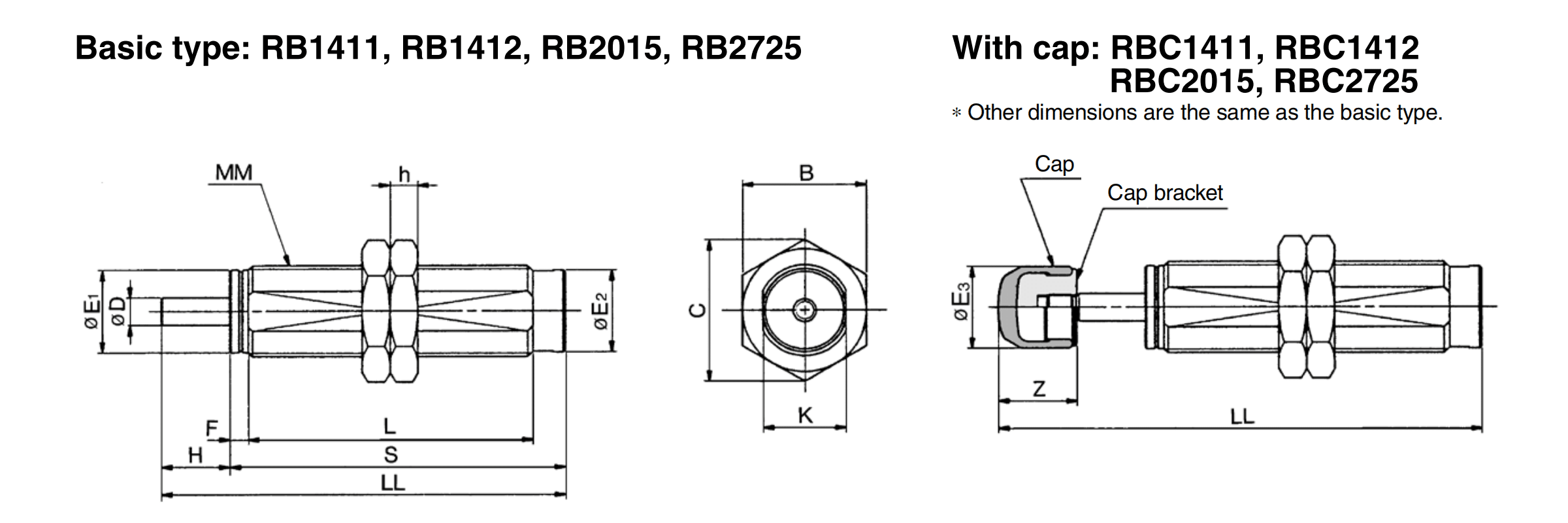 RB1411 RB1412 RB2015 and RB2725 self-adjusting shock absorber mounting dimension reference drawing