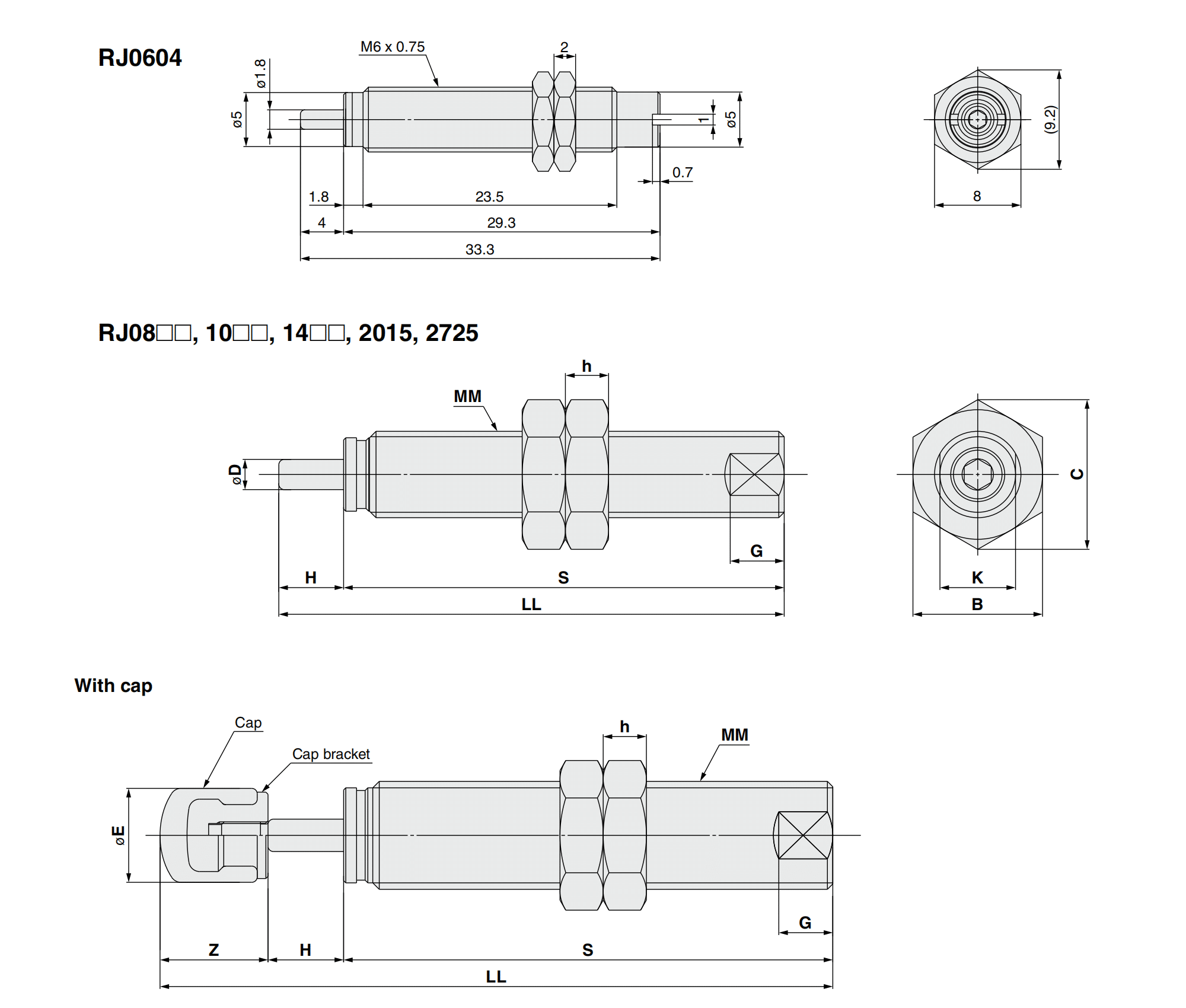RJ Series industrial shock absorber mounting dimension reference drawing