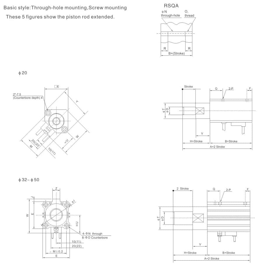RSQ Series stopper cylinder mounting dimension reference drawing