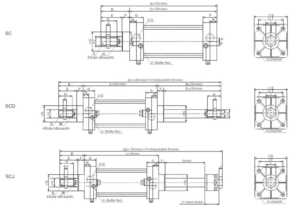 SCSU Series Pneumatic Tie-Rod Cylinders dimension reference drawing