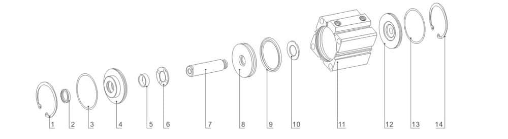 SDA Series Compact Pneumatic Cylinder numbered parts and material reference drawing