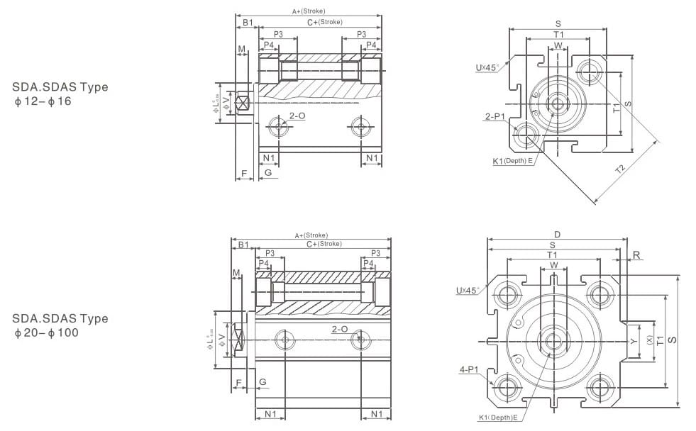 SDA compact cylinder standard mounting dimension drawing
