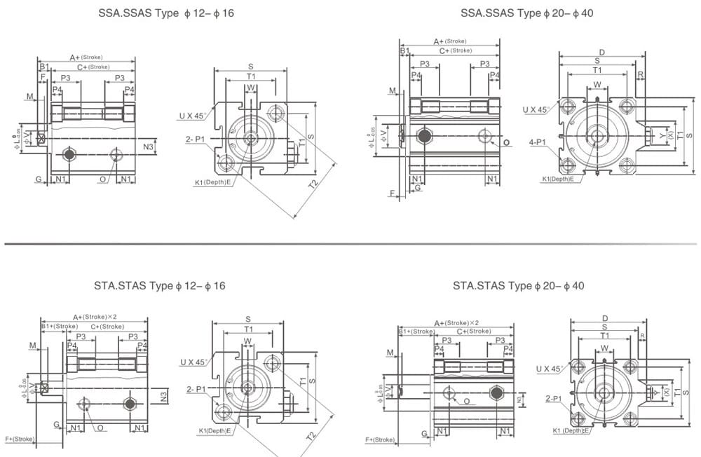 SDA compact cylinder single-acting extension dimension drawing