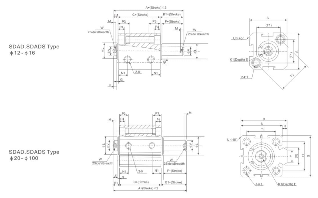 SDA compact cylinder single-acting return dimension drawing