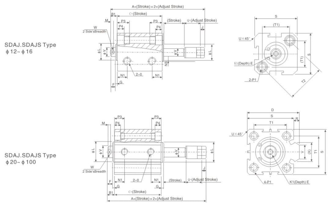 SDA compact cylinder alternative mounting dimension drawing