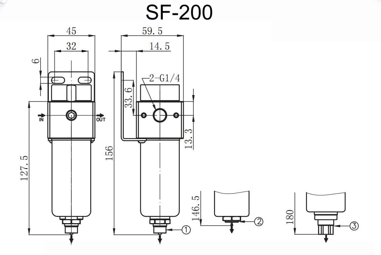 SF-200 SS316 high pressure pneumatic filter dimension drawing