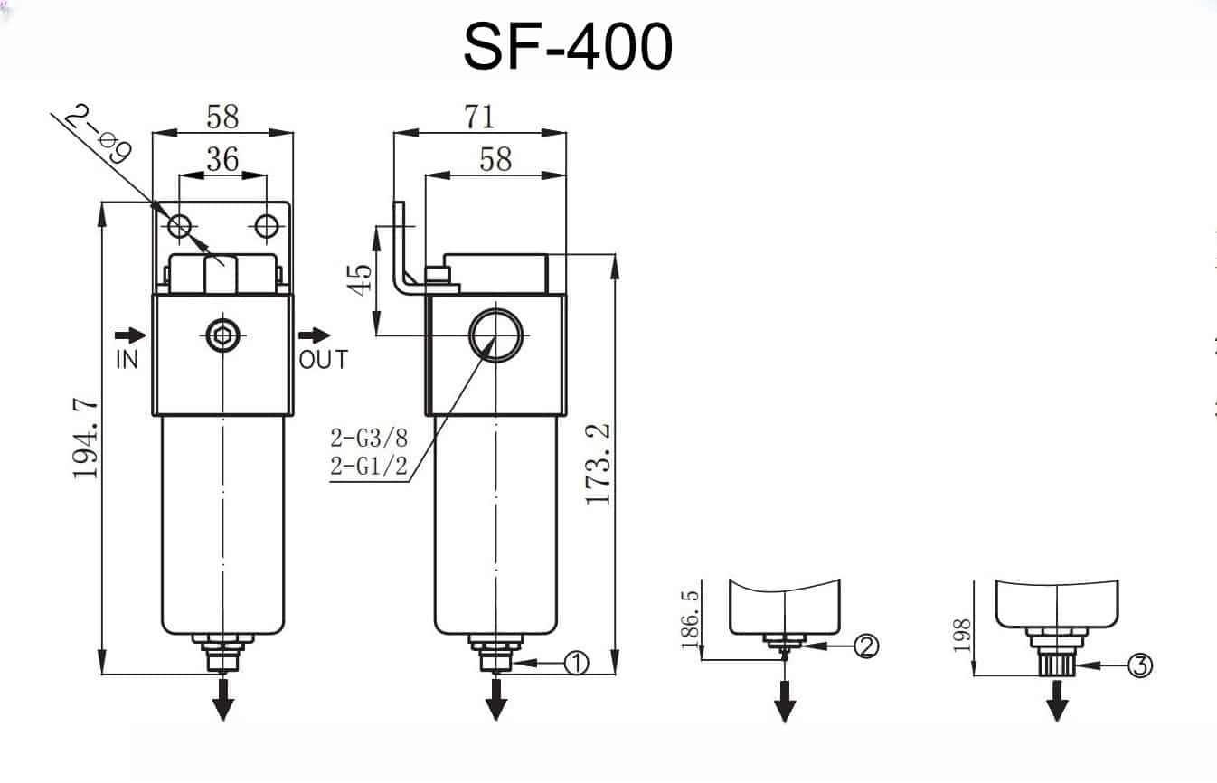 SF-400 SS316 high pressure pneumatic filter dimension drawing