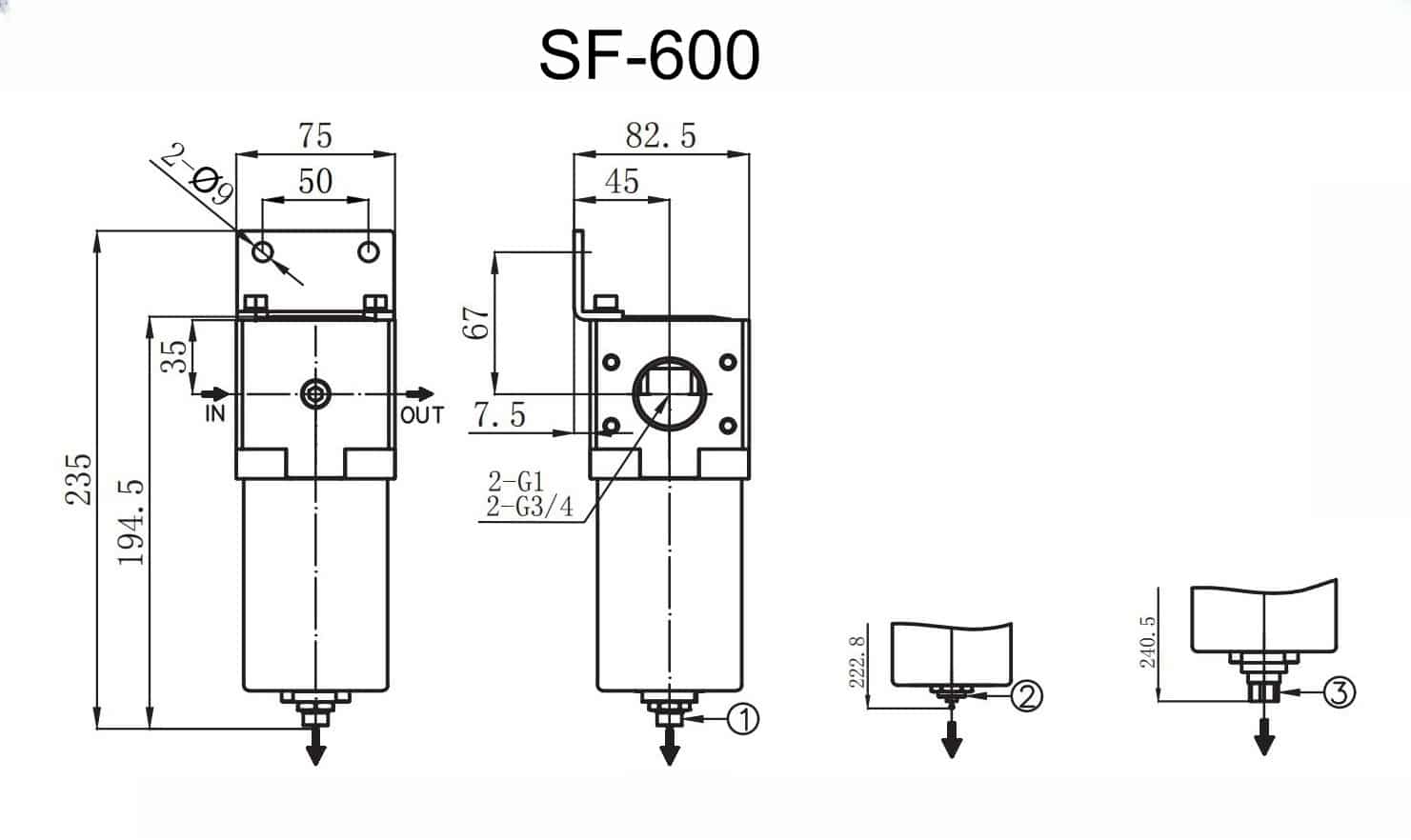 SF-600 SS316 high pressure pneumatic filter dimension drawing