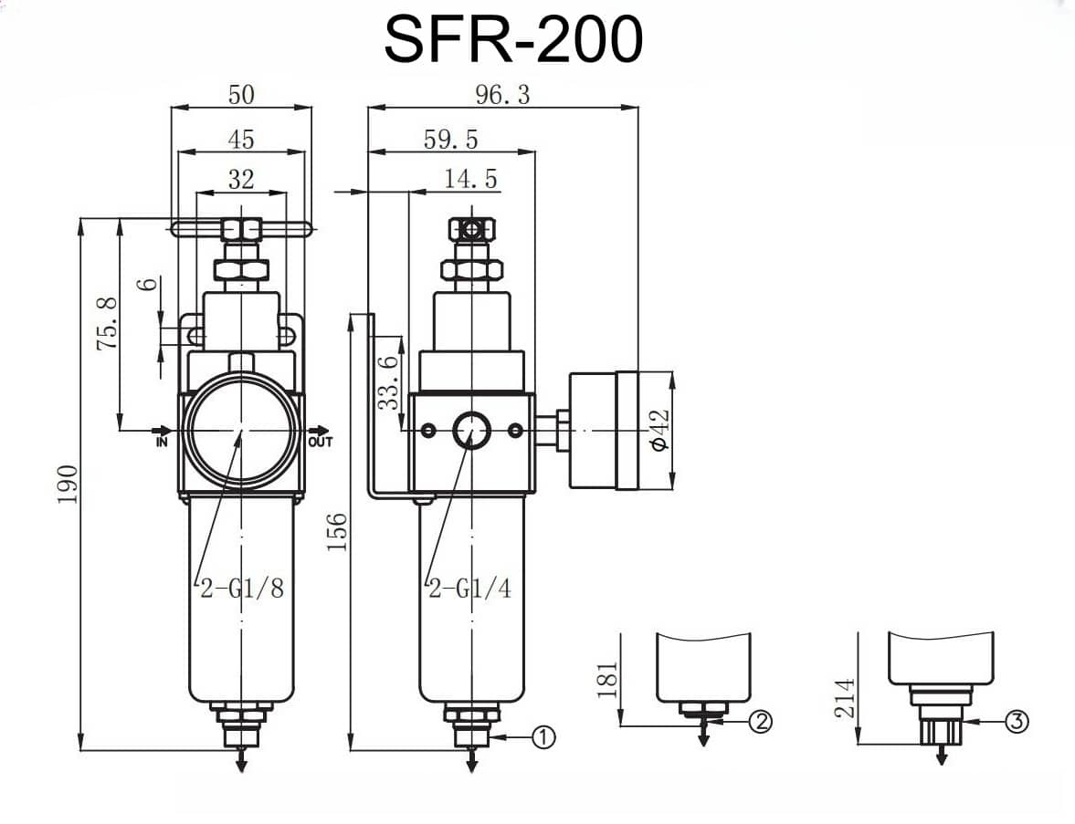 SFR-200 mounting dimension reference drawing for SFR Series SS316 High Pressure Pneumatic Filter Regulator