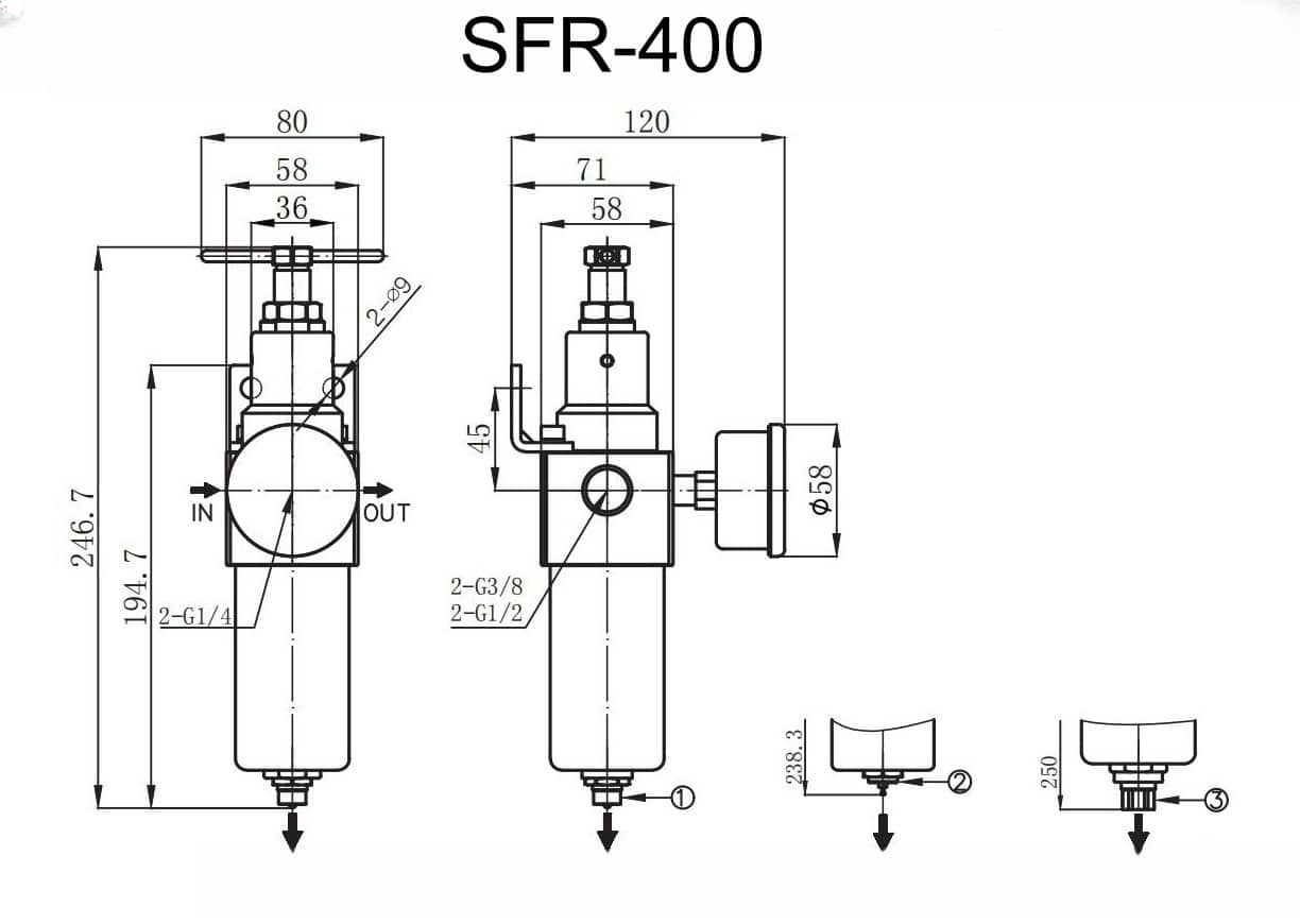 SFR-400 mounting dimension reference drawing for SFR Series SS316 High Pressure Pneumatic Filter Regulator