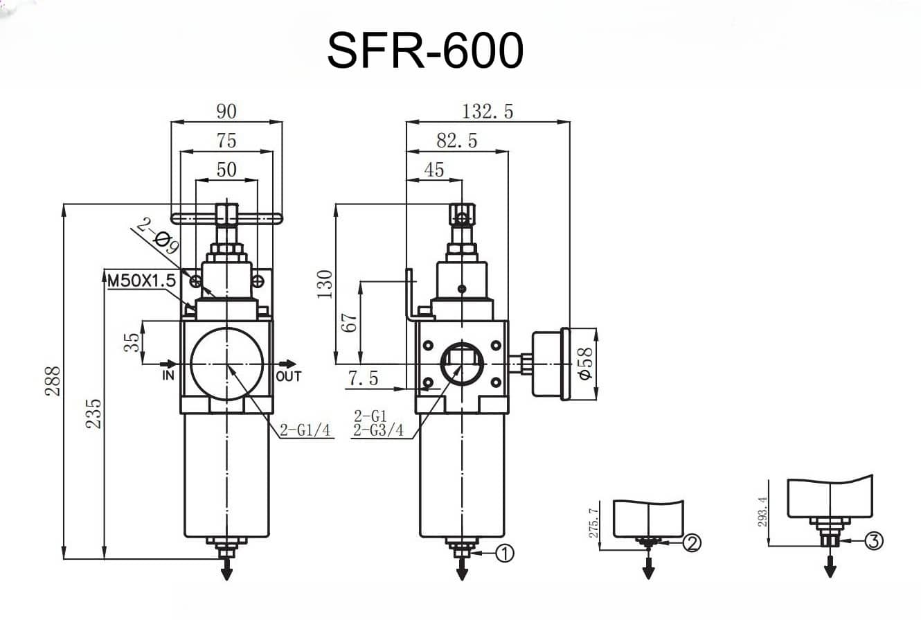 SFR-600 mounting dimension reference drawing for SFR Series SS316 High Pressure Pneumatic Filter Regulator
