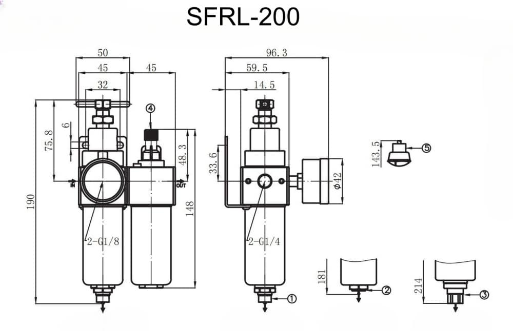 SFRL-200 mounting dimension reference drawing for SFRL Series SS316 High Pressure Pneumatic FRL Unit